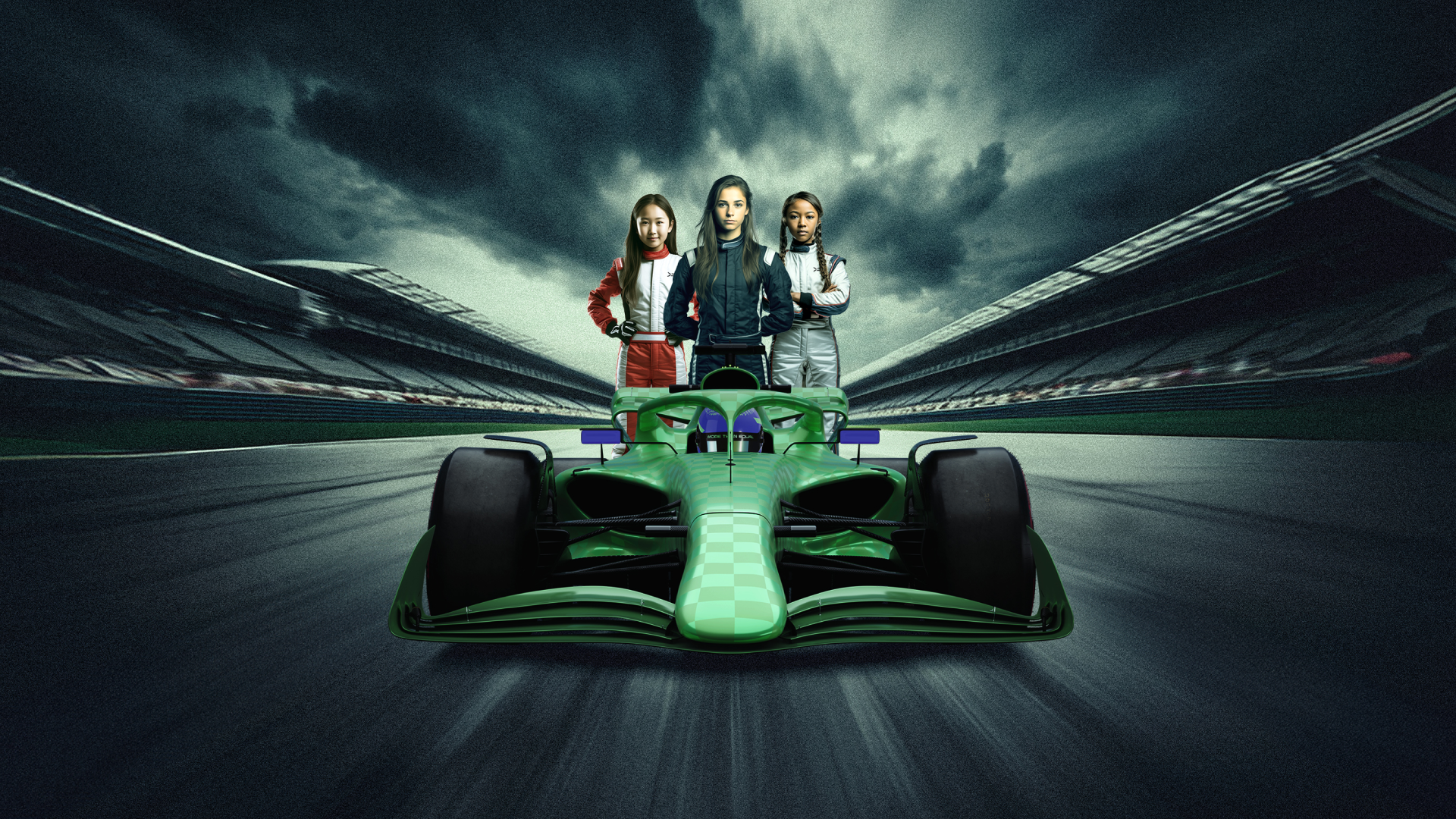 Image of a branded F1 car with three potential winners standing behind it